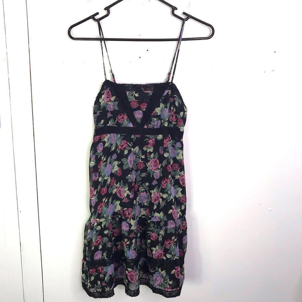 Forever 21 Dress Womens M Empire Waist Mini Dark Florals Square Neck Lace Y2K